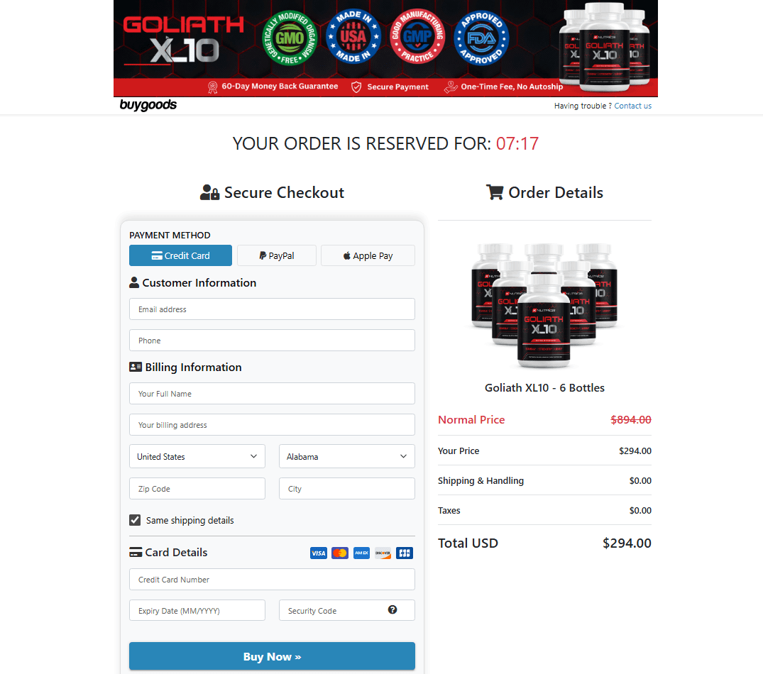 Goliath Xl10 checkout page
